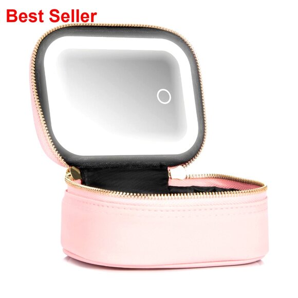 Handbags - Mini LED Mirror Makeup Bag, Travel Size, Waterproof PU Leather, 3 Light Modes